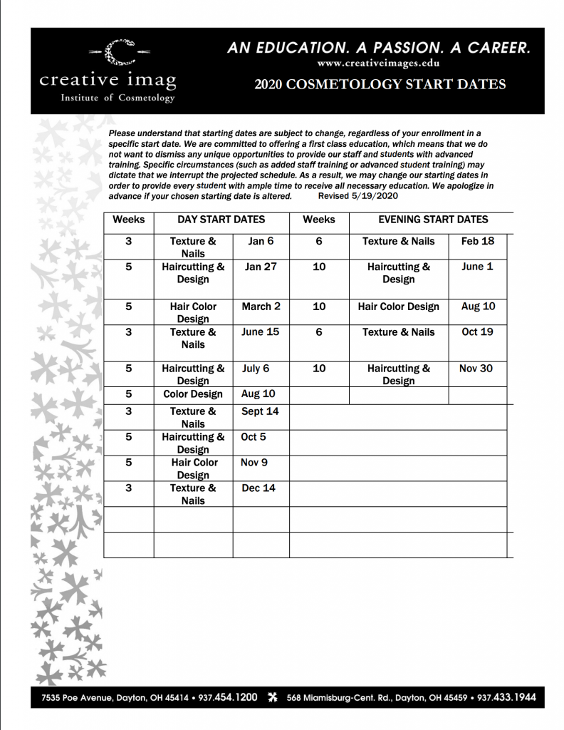 2020 Cosmetology Start Dates