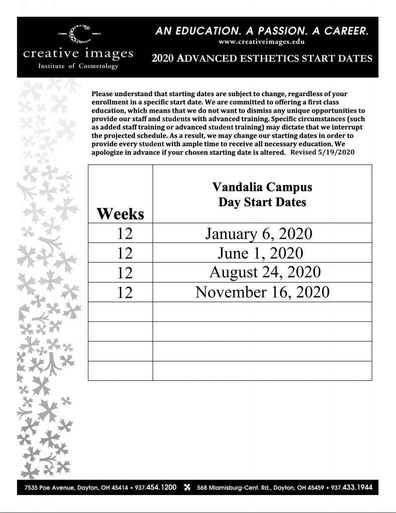 2020 Advanced Esthetics Start Dates