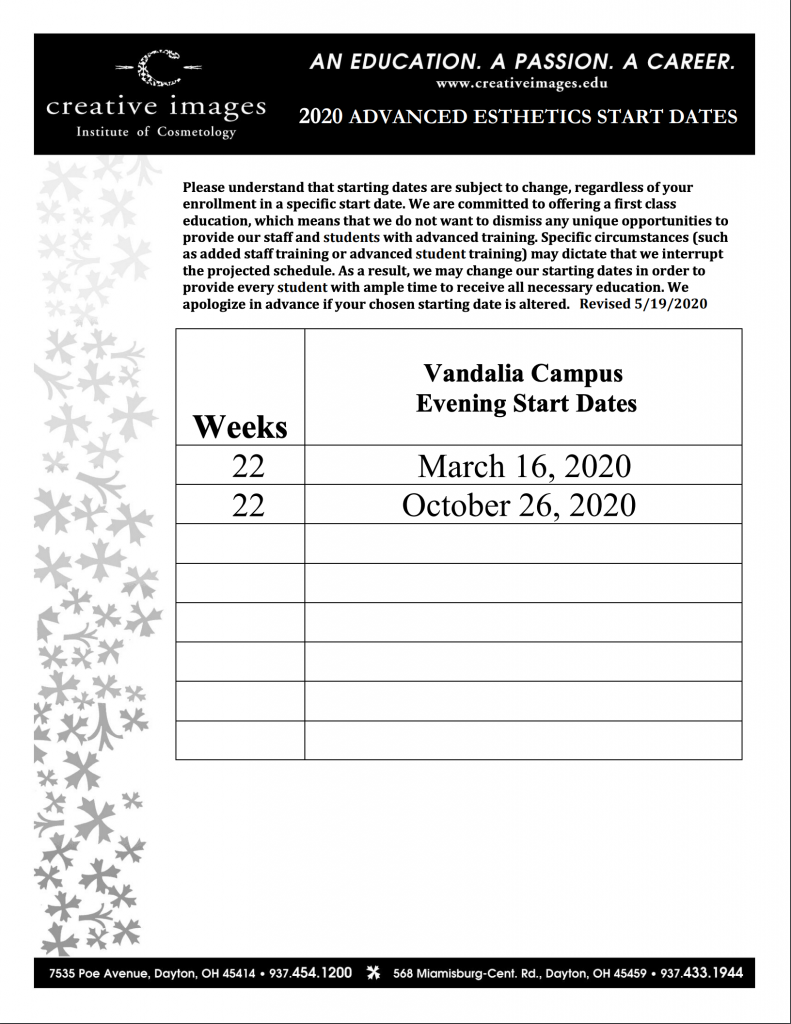 2020 Evening Advanced Esthetics Start Dates