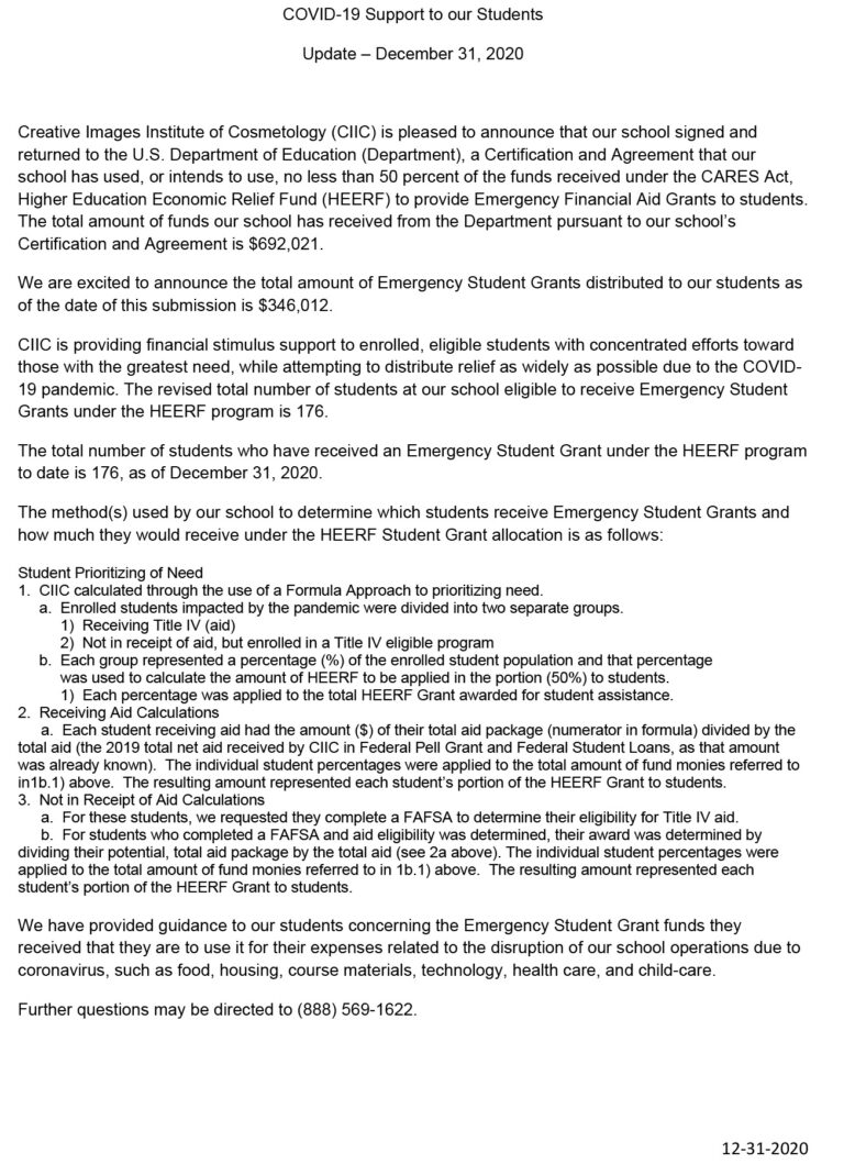 HEERF Grant Report December 2020 Creative Images Institute of Cosmetology