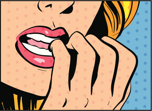 Woman cartoon biting nervously on her fingernails.