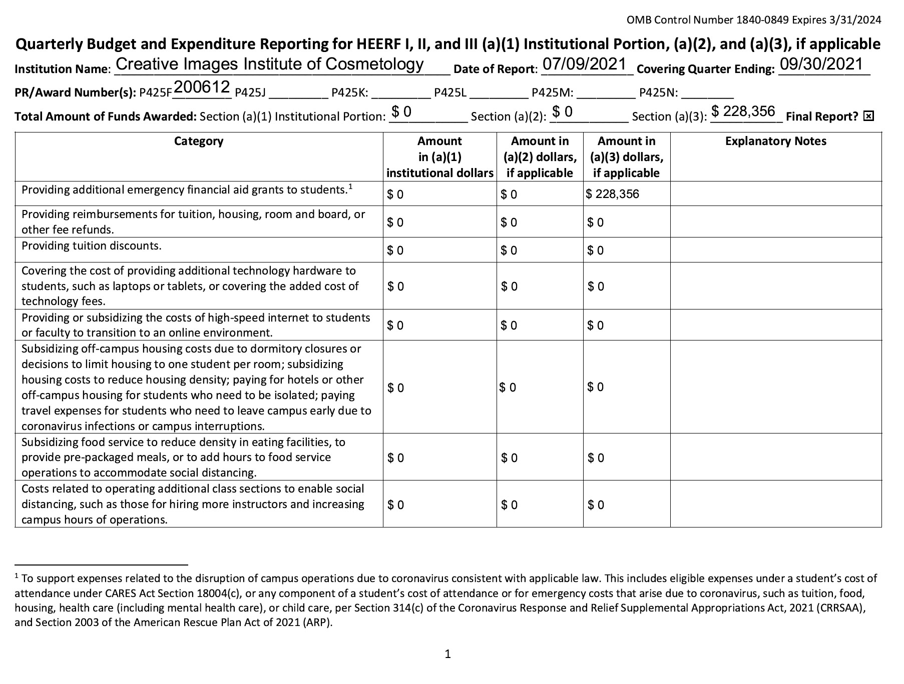 HEERF Grant Reporting July 2021 Creative Images Institute of Cosmetology